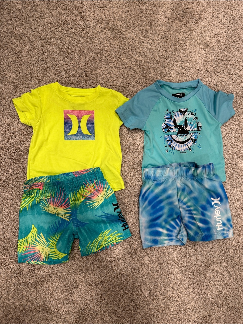 2 !! Hurley Boys Two-Piece Swim Sets in Neon Yellow & Teal & blue. Size 12 month